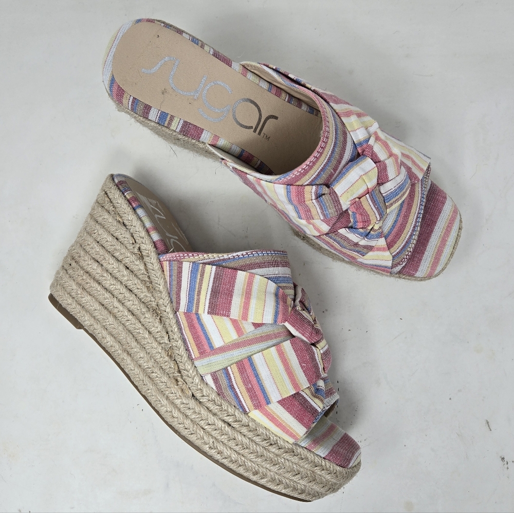 SUGAR Harlem Colorful Striped Wedges Slip on Open Toe Women's Size 8.5M